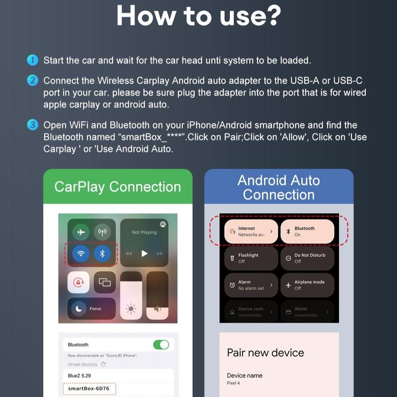 Wireless Car Adapter, Wired to Wireless Car Adapter, Automatic Connect Adapter, Plug and Play Mini Box Compatible with 99% Cars 6