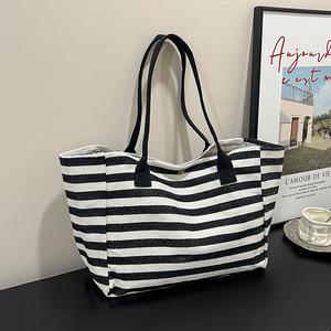 Beg Kanvas, Komuter untuk Wanita, Beg Tote Berkapasiti Besar, Rekaan Berjalur, Bahu Tunggal, Sesuai untuk Ibu, 2025 Ketibaan Baru Bags Totebag