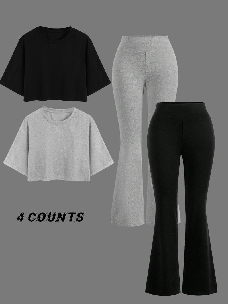 Product Introduction of Women's Solid Color Top & Flare Leg Pants Matching Set, Casual Fashion Cozy Round Neck Top & Bell Bottom Trousers for Daily Outdoor Wear, Ladies Summer Clothes 1