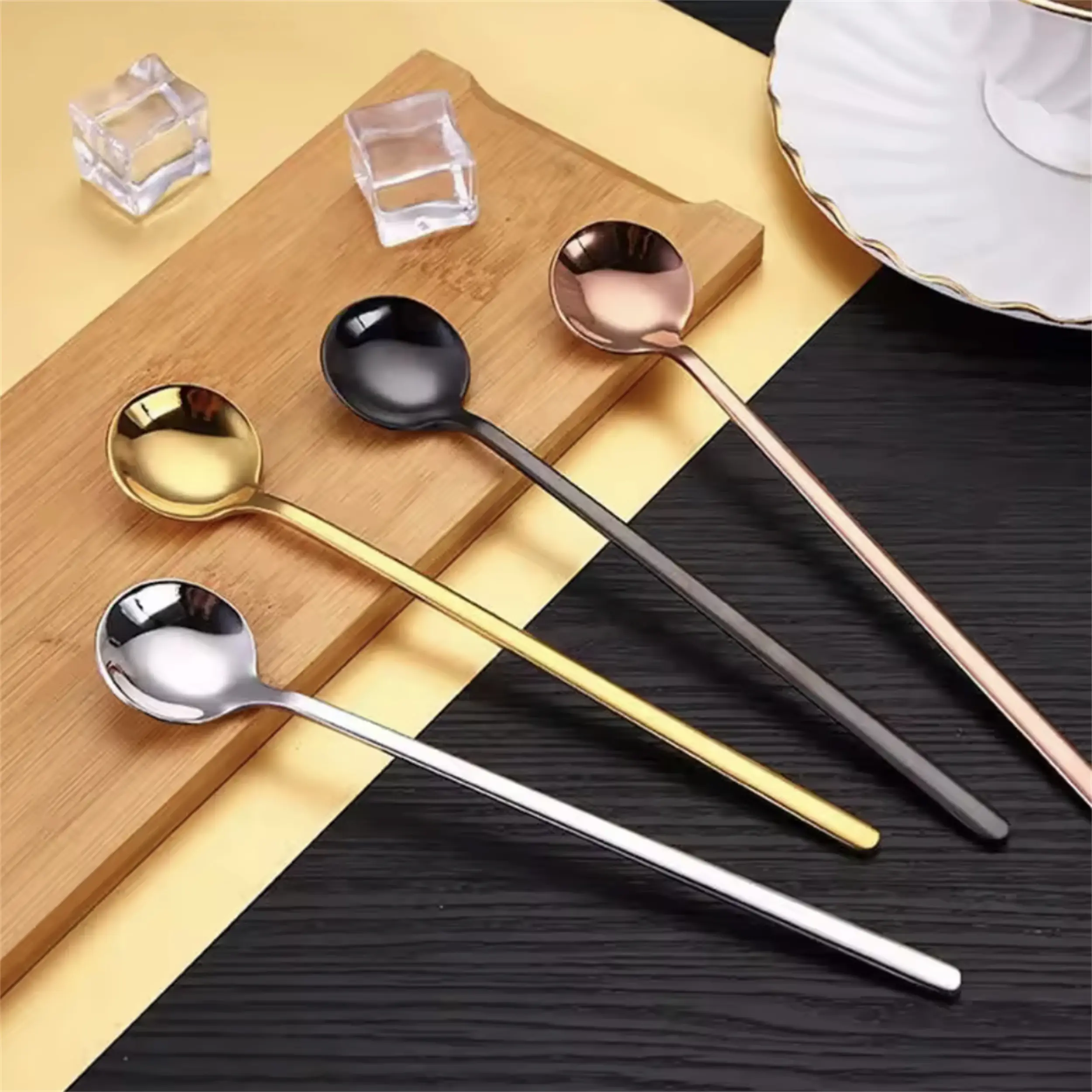 Coffee Tea Mixing Spoon Round Stainless Steel Dessert Ice Cream Fruit Spoon Teaspoons Tableware Cutlery Serving Spoon