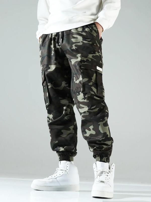Men's Camo Print Drawstring Waist Cargo Pants, Regular Fit Flap Pocket Utility Pants, Men's Trousers for All Seasons, Lounge Men Clothes 3