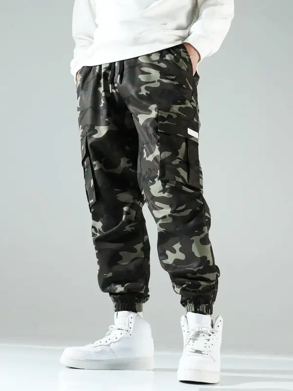 Men's Camo Print Drawstring Waist Cargo Pants, Regular Fit Flap Pocket Utility Pants, Men's Trousers for All Seasons, Lounge Men Clothes 3