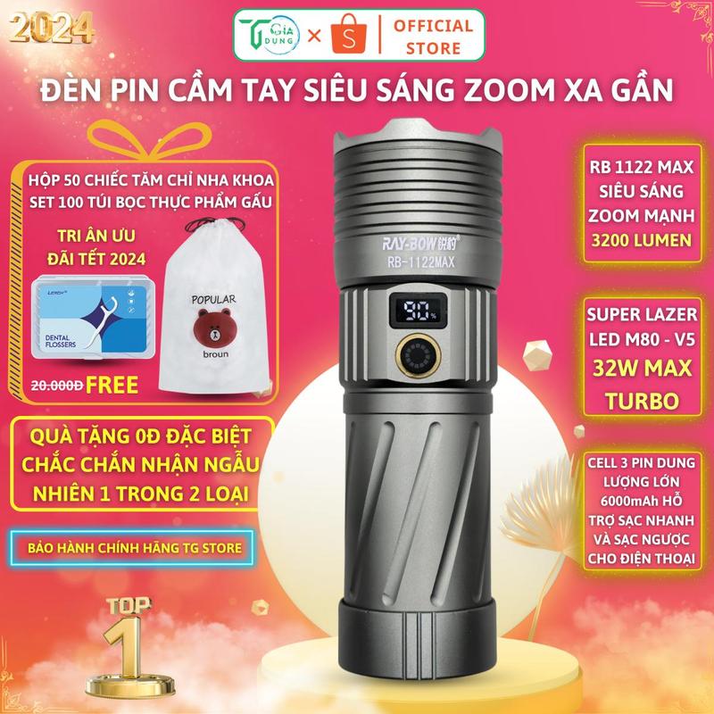 Đèn pin siêu sáng RAY BOW 1122 MAX chiếu xa 700 mét có ZOOM sáng xa gần chống nước sạc ngược cho điện thȯại đèn  pin