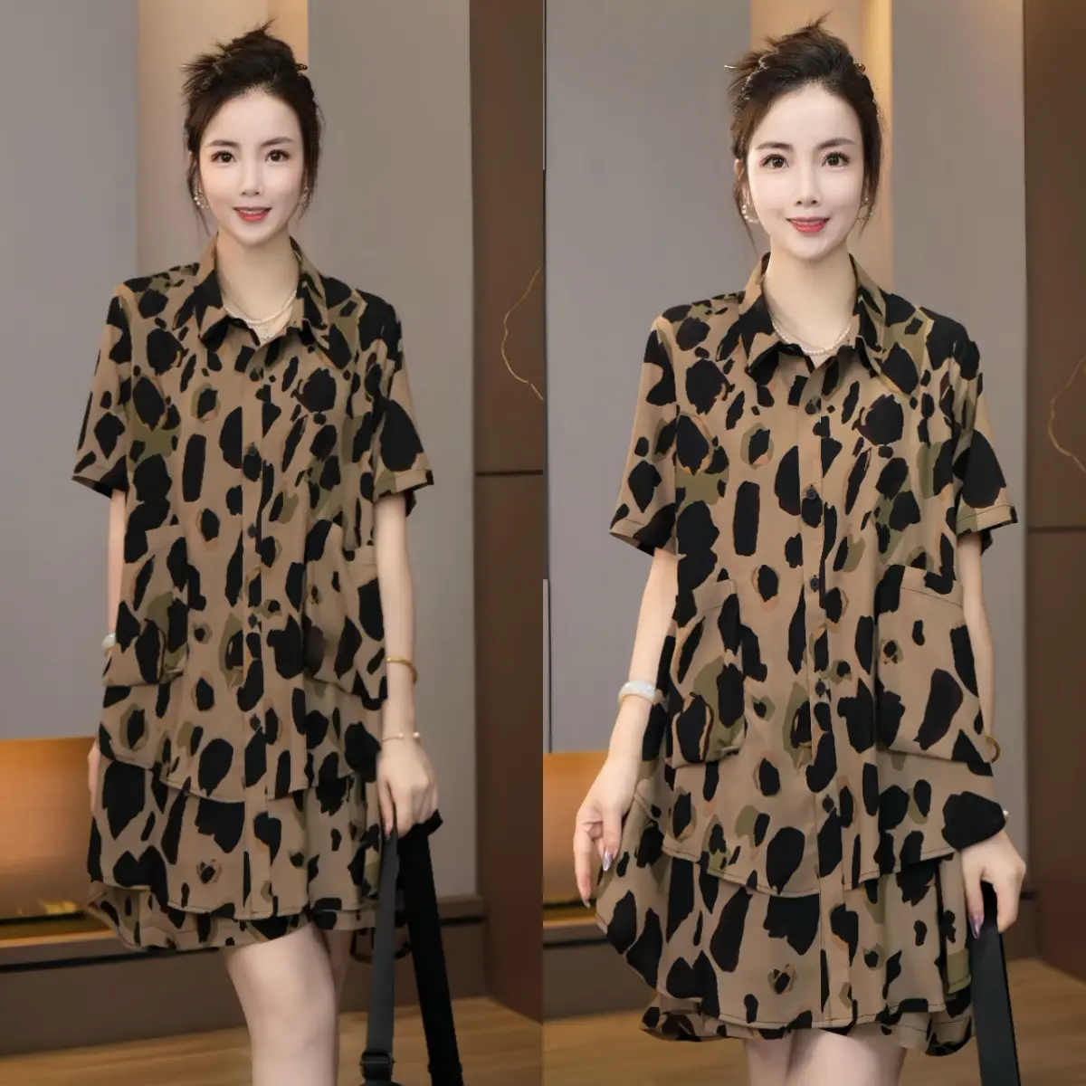 Bộ Đồ Hai Mảnh, Thời Trang Mới Mùa Hè, Áo Sơ Mi Và Quần Đùi Phiên Bản Rộng Họa Tiết Da Báo, Ngoại Cỡ, Dành Cho Nữ, Giấu Kín, Giá Cả Phải Chăng, Sang Trọng, Chống Lão Hóa, Trang Phục