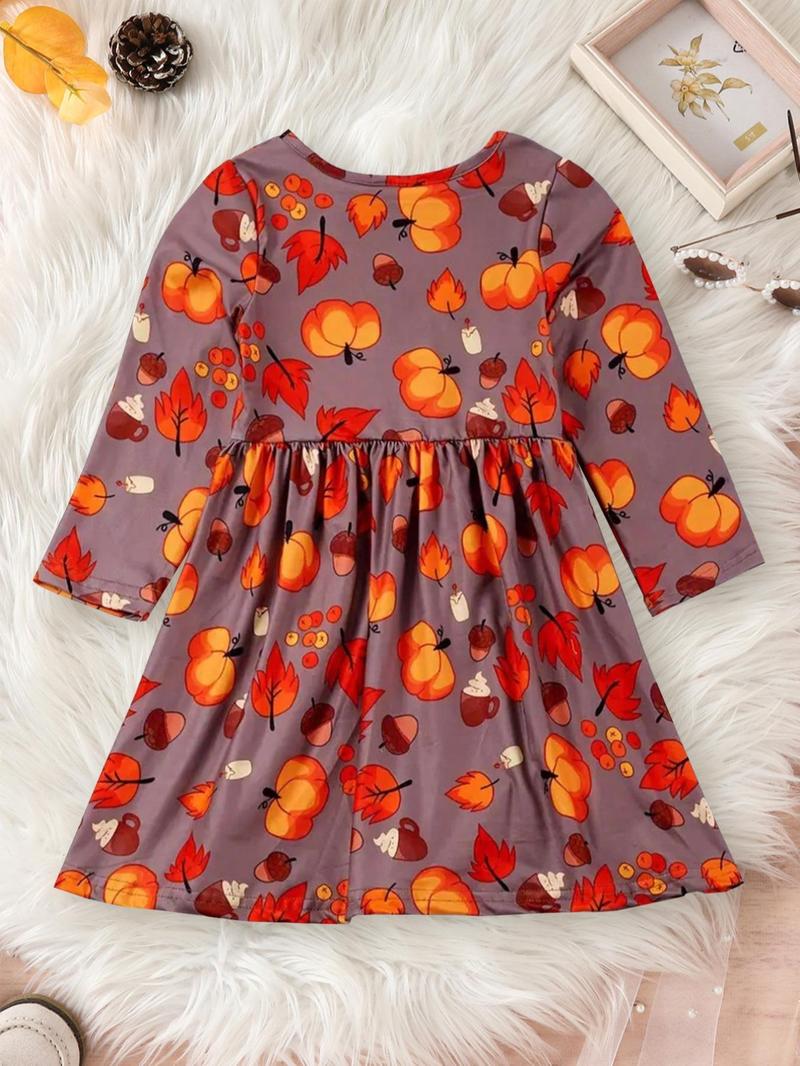 Product Introduction of Toddler Girl's All Over Maple Leaf Print Dress, Casual Long Sleeve Dress for Spring & Fall, Kids Clothes for Daily Wear 2