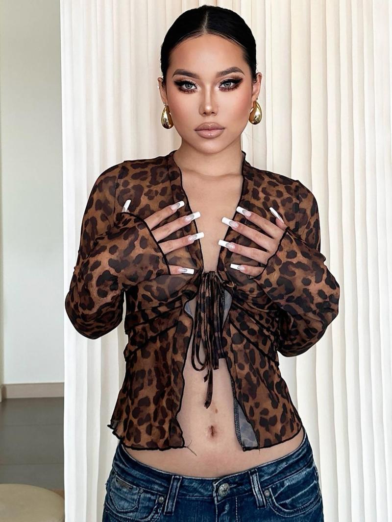 Product Introduction of Women's Leopard Print Lettuce Trim Sheer Tee, Casual Flounce Sleeve Tie Neck Tulle Top, Ladies Clothes for Beach Party Vacation Valentine's Day, gift, Womenswear 9