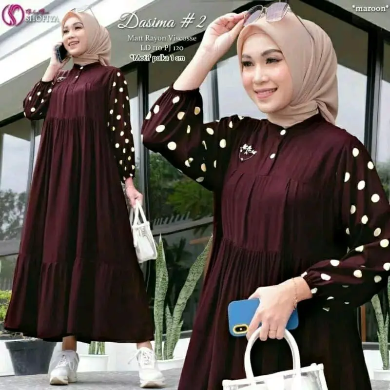 Dasima Gamis polos Kombinasi Polkadot midi Dress terbaru Muslim Lembut Kain Fit Cantik Kancing  Motif Panjang Rayon Wanita Ibu  Nyaman Variasi  Katun Kerah Menyusui 2