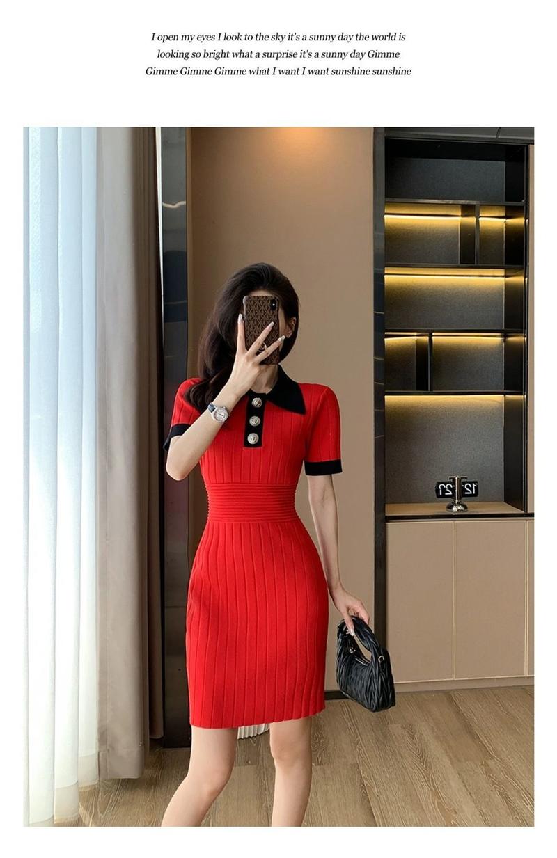 Product Introduction of Váy Dệt Kim Lụa Lạnh Cổ Polo Phong Cách Cổ Điển, Ôm Vừa Vặn, Váy Bodycon Ngắn, Cao Cấp, Hàng Mới Về Mùa Hè 24 Năm Nữ Dress Đen 9