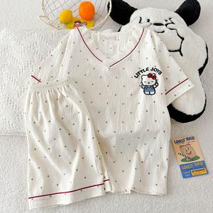 ชุดนอนฤดูร้อน สำหรับผู้หญิง ผ้าฝ้ายเมฆ แขนสั้น กางเกงขาสั้น สไตล์ใหม่ 2025 คอวี เหมาะสำหรับเด็กผู้หญิง ชุดใส่อยู่บ้าน ใส่ได้