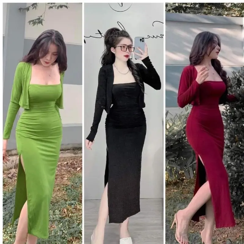 SÉT ĐẦM XẺ VÀ ÁO KHOÁC Nữ Top Kem Women