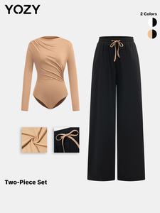 YOZY Women's Solid Ruched Long Sleeve Bodysuit & Drawstring Waist Pants Two-piece Set, Casual Round Neck Bodysuit & Trousers 2 Piece Set for Daily Wear, Ladies Two-piece Outfits for All Seasons