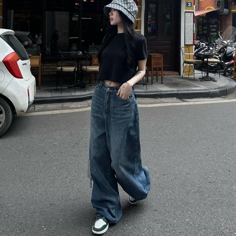 Quần Jeans Nữ Xuông Ống Rộng Thụng Túi Sau Lệch Wash Màu [Q006] Women Pants Ong Voi 8