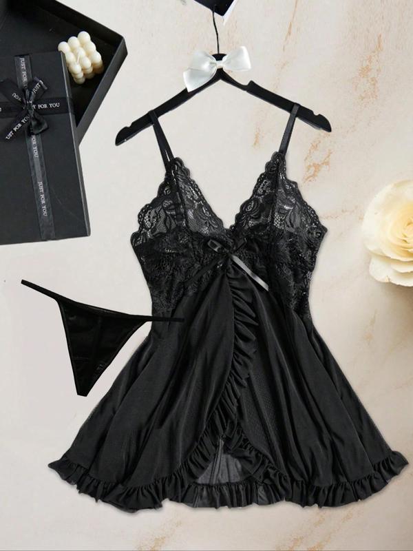 Women's Solid Color Floral Lace Bow Decor Deep V Neck Sheer Mesh Cami Nightdress & Thong, Romantic Comfortable Breathable Adjustable Spaghetti Strap Backless Ruffle Hem Nightdress & Thong Set for Daily Wear, Women Sexy Lingeries & Costumes 3