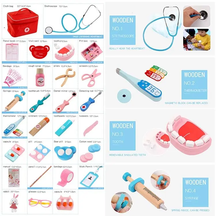 MAINAN DOKTER DOKTERAN ANAK FREE TAS MURAH  - RED DOCTOR MEDICAL WOODEN TOYS | Mainan Edukasi Dokter Gigi | Dokter Anak Wooden Toys Kayu 3