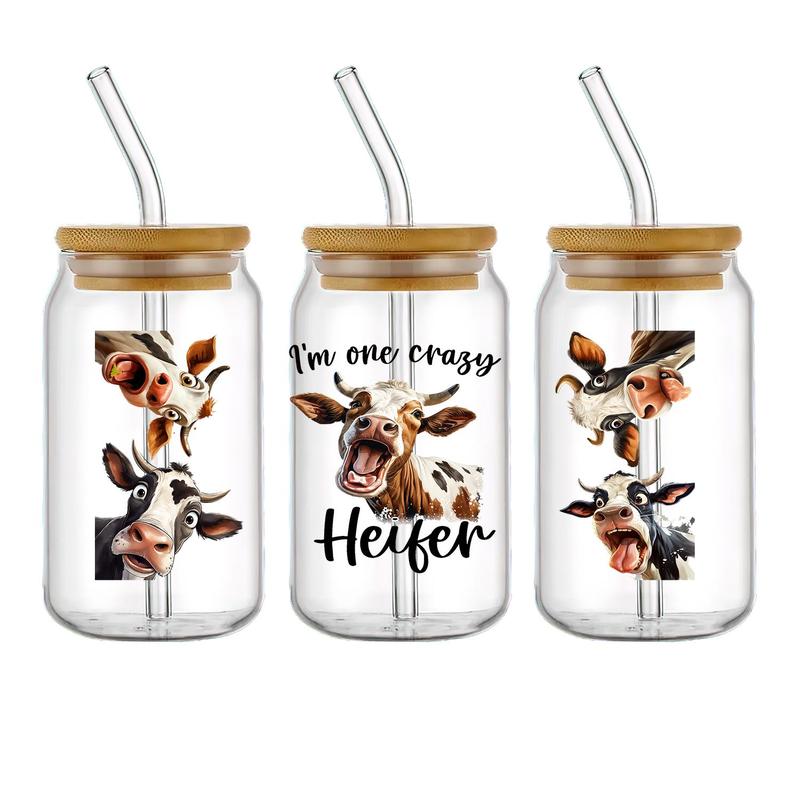 Cow Pattern UV DTF Cup Wraps Transfer Sticker, 4 Counts/set Waterproof Crystal Sticker for Cup Bottle, DIY Scratch Resistant Transfer Decals for Gift 7