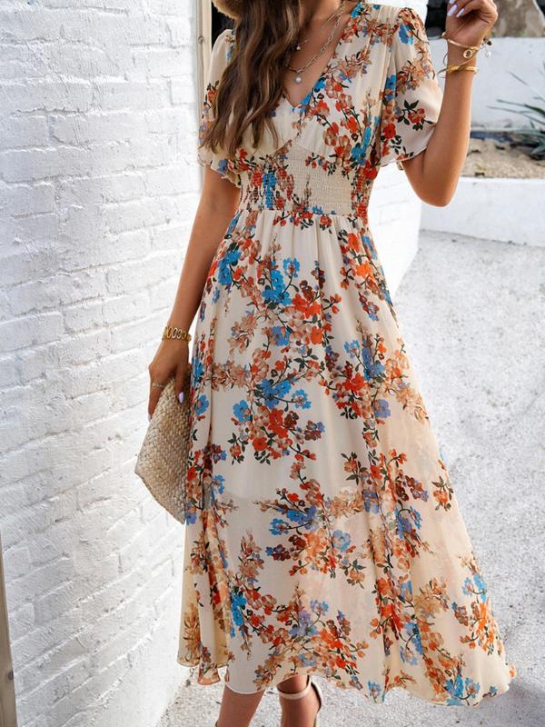 Women's Floral Print Shirred V Neck A Line Dress, Boho Fashion Short Sleeve Long Dress for Beach Vacation Holiday Wedding Guest, Ladies Dress for Summer 7