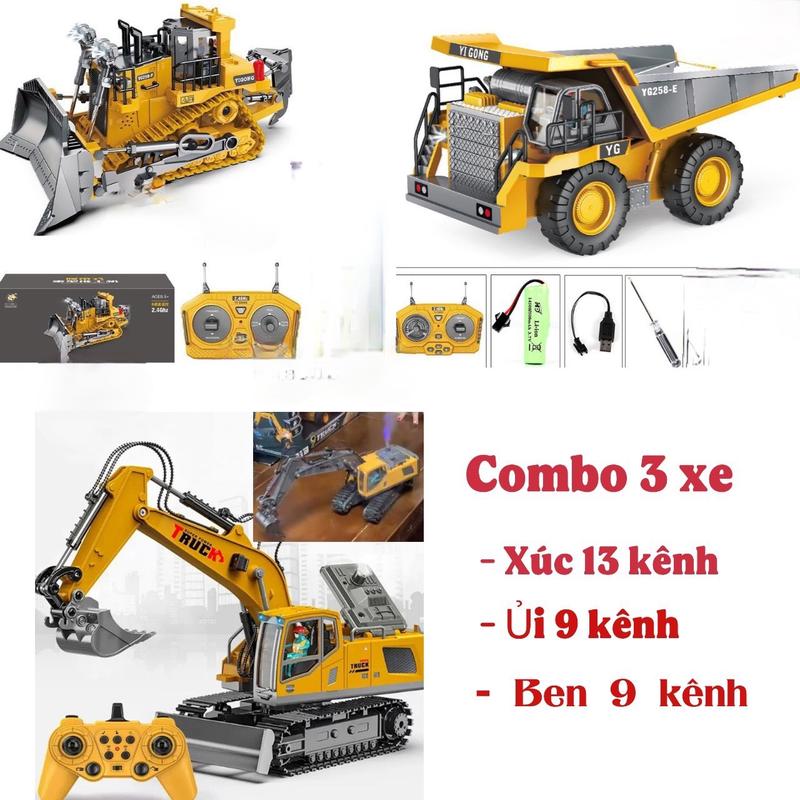 Combo xe máy xúc 13 kênh xe công trình Xúc ben ủi gầu kim loại cho bé Toy Đồ Chơi cho bé