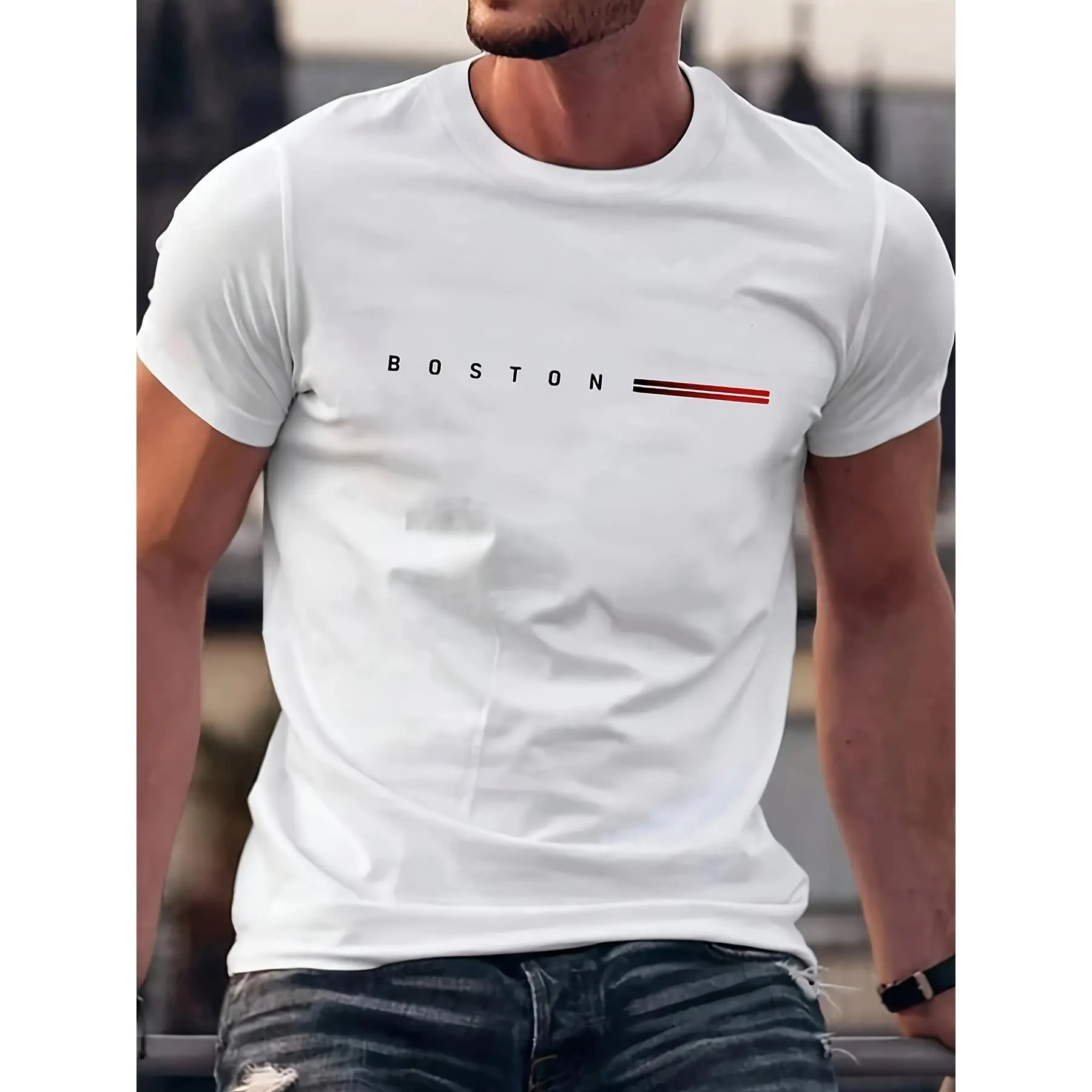 Kaos Penunjuk Arah Men's 100% Cotton BOSTON Graphic Print T-shirt, Casual Short Sleeve Crew Neck Tee, Men's Clothing For Outdoor kaos  penunjuk