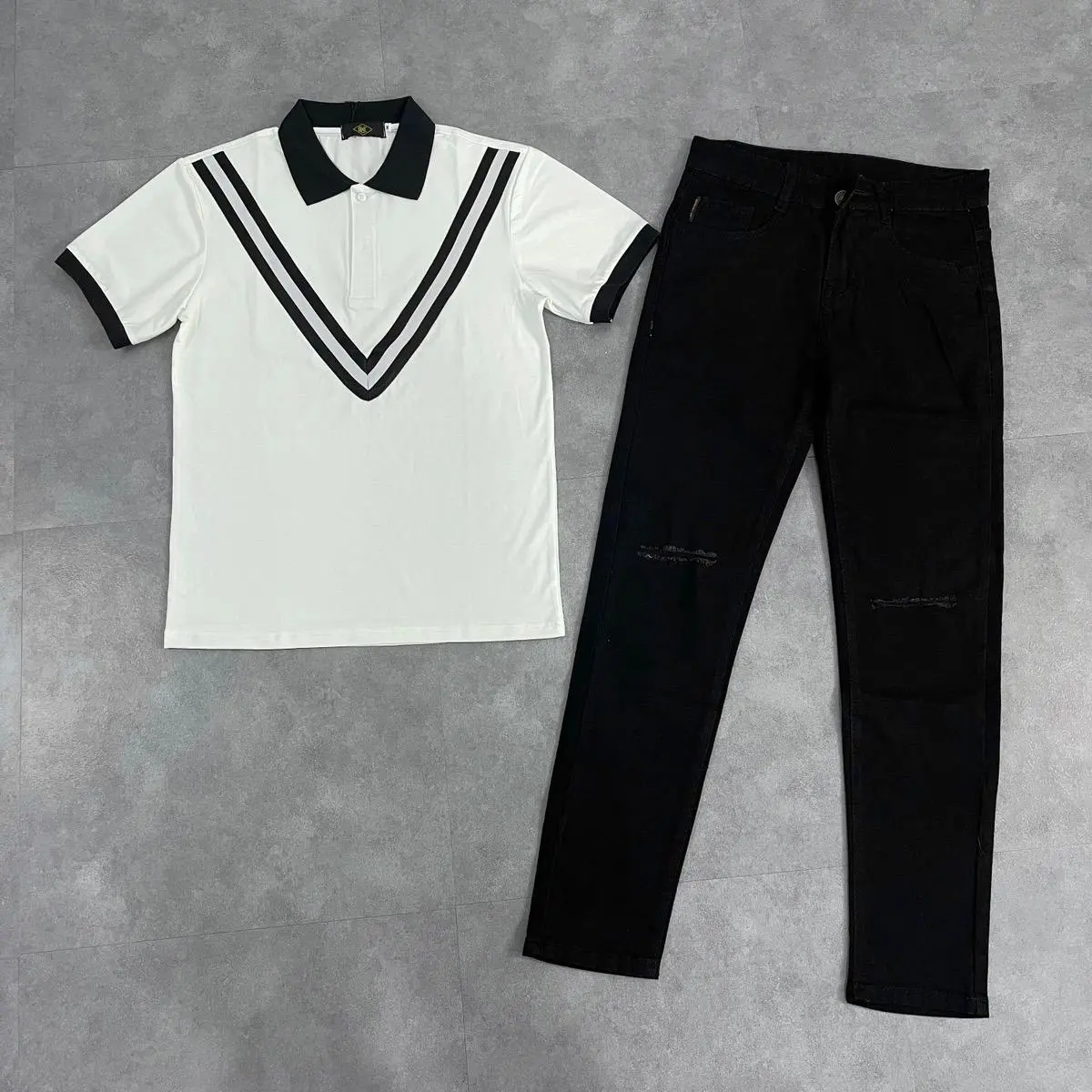 Combo Áo Polo Phối Sọc V Quần JEan Nam Rách 89 Đen