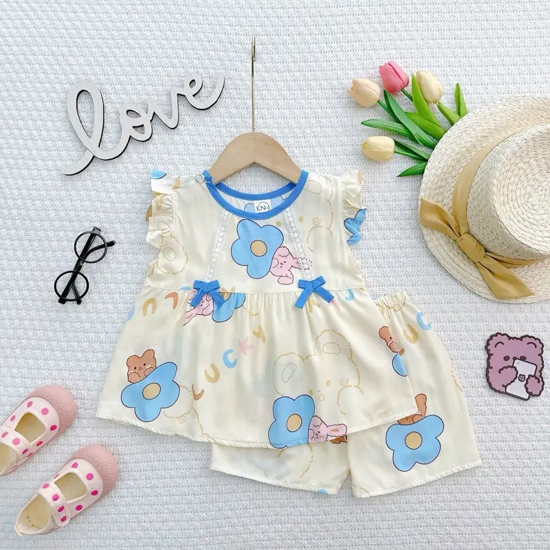 TL28 - Đồ Bộ Tole Lanh Áo Cánh Tiên Quần Ngắn Size 9-37kg Hoạ Tiết Dễ Thương 3