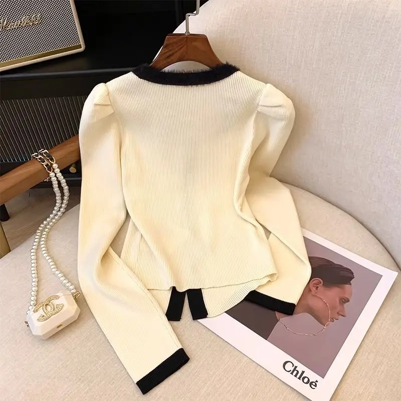 Áo Lớp Nền Dệt Kim, Cổ Vuông Màu Đen Cao Cấp, Dành Cho Nữ, Bộ Sưu Tập Thu Đông, Phong Cách Trung Quốc Mới, Áo Có Cúc Thắt Nút Trung Quốc Áo Len Ngắn, Hàng Mới Về, 2024 8