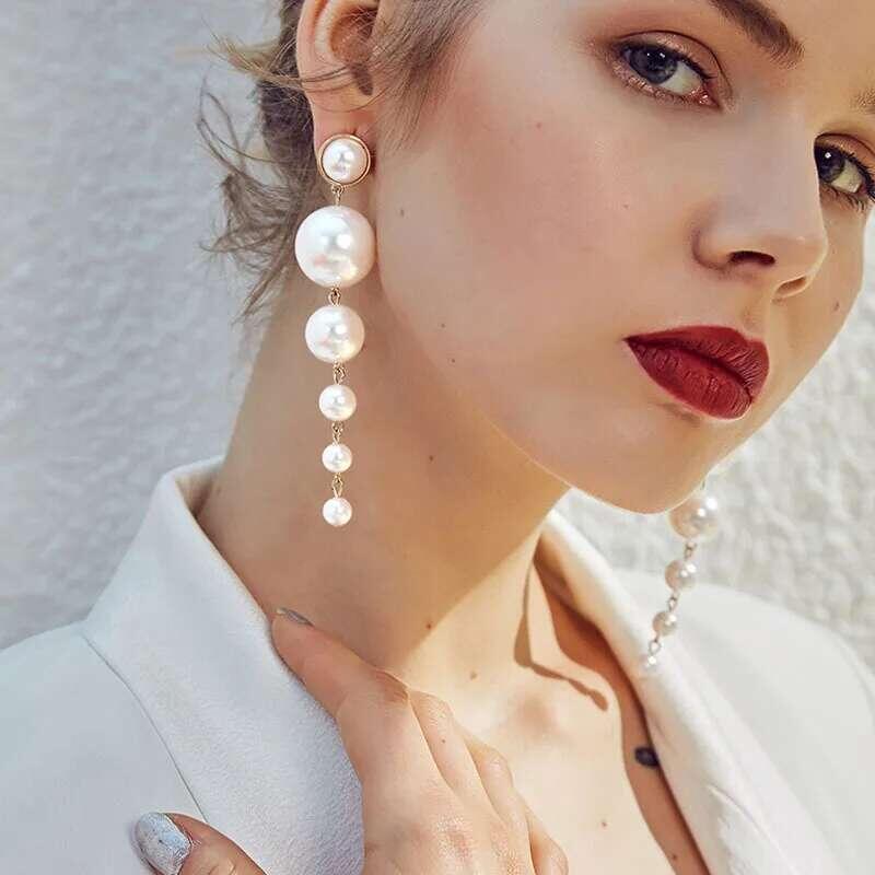 Product Introduction of Simulated Pearl Stud Fashion Long Statement Earrings for Womenn Party Wedding Female Jewelry Gift 0