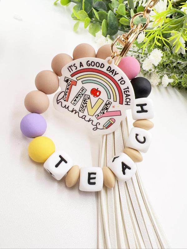 Creative Letter Pattern Tassel Decor Metal Keychain, Beaded Bracelet Decor Key Ring, Fashionable Keychain for Men & Women, Charms, Gifts for Her 4