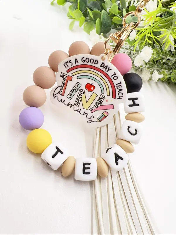 Creative Letter Pattern Tassel Decor Metal Keychain, Cute Hand Made Beaded Bracelet Decor Key Ring, Fashionable Cute Keychain for Men & Women, Charms, Personalized Gifts for Her 4