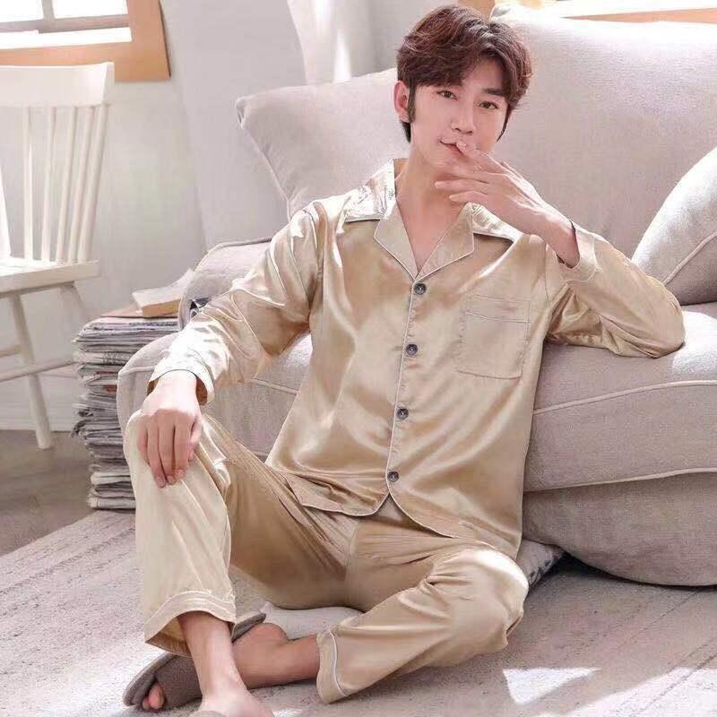 Bộ Đồ Ngủ Nam, Chất Liệu Lụa Lạnh Dài Tay, Mỏng Và Rộng, Ngoại Cỡ, Thích Hợp Cho Mùa Xuân Và Mùa Thu, Mặc Nhà, Bộ Đồ Lụa Thường Ngày Mùa Hè, Có Sẵn Cho Mùa Thu Và Mùa Đông Áo Menswear Nhung 5
