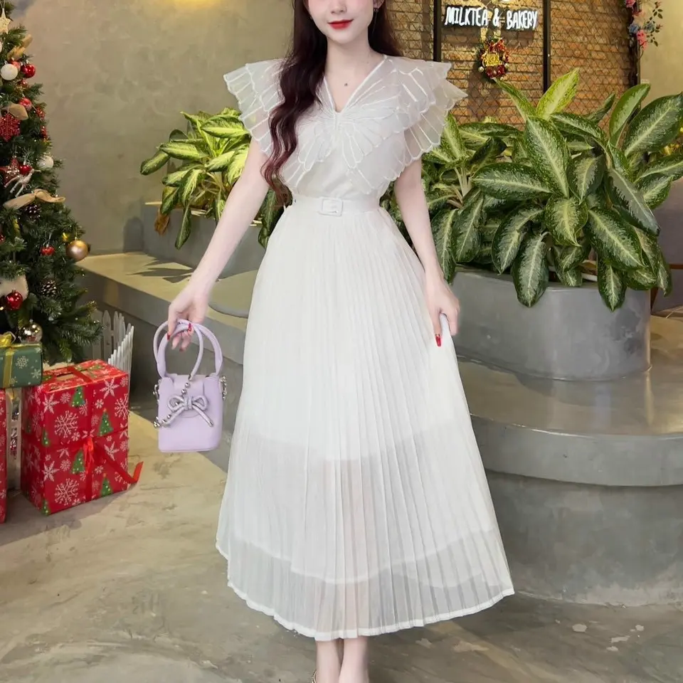 ĐẦM PHỐI VOAN DẬP LY KÈM LÁ CỔ THÊU( CÓ MÚT ) Nữ Dress