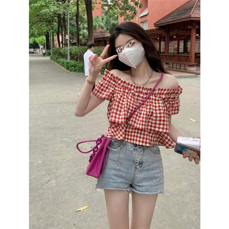  Áo Croptop Trễ Vai Hai Lớp Kẻ Caro Phong Cách Năng Động 