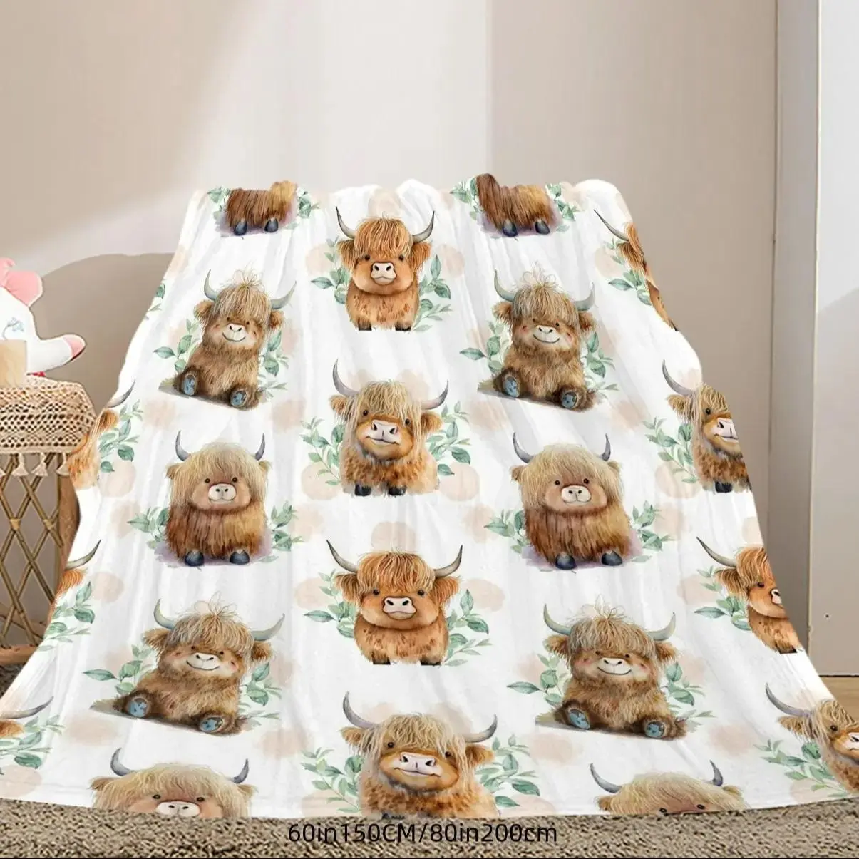 Cute Highland Cow Pattern Blanket, 1 Count Lightweight Soft Comfortable Warm Throw, Cool Bedroom Bedding Blankets for Home Office Bed Camping Travel