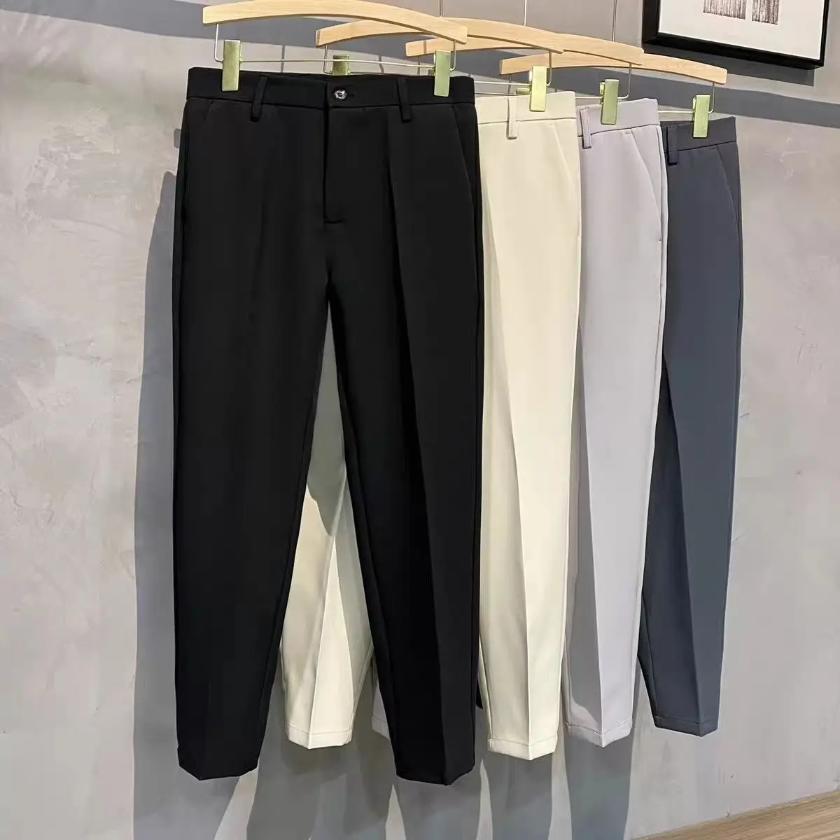 Quần Âu, Dành Cho Nam Giới, Mùa Xuân Và Mùa Thu, Mỏng Và Thẳng, Quần Âu Cropped Xén, Thường Ngày Và Dễ Phối Đồ, Xếp Ly, Cao Cấp, Không Sắt, Thích Hợp Cho Nam Giới