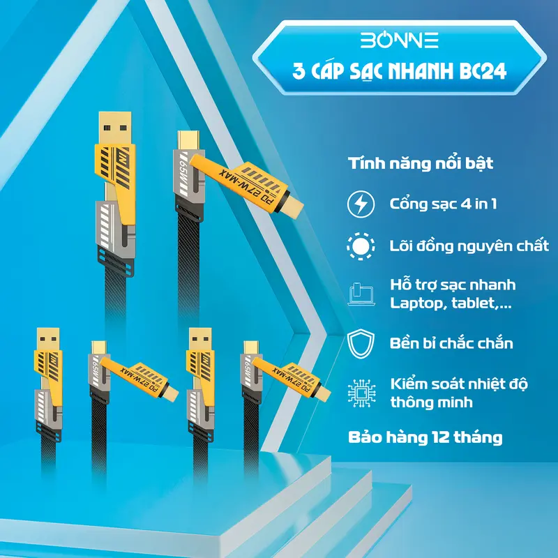 COMBO 3 Cáp sạc nhanh Bonne TECHNOLOGIQUE BC24, cáp sạc nhanh điện thoại 4 in 1 by Bonne Technologique, sạc chống gẫy chính hãng bảo hành 12 tháng.[phụ kiện, [phụ kiện, sạc điện thoại], sạc điện thoại] 0