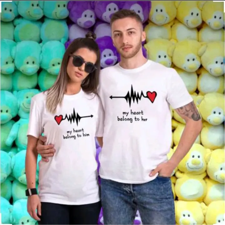 COUPLE T-SHIRT VIRAL MY HEART IS BELONGS TO HIM AND MY HEART BELONGS TO HER 100% HIGH QUALITY  READY STOCK Cotton Cotton Plain T-shirt