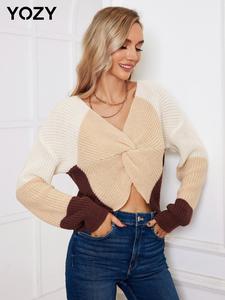 YOZY Women's Colorblock Twist Drop Shoulder Sweater, Casual Long Sleeve V Neck Jumper For Fall & Winter, Women's Knitwear For Daily Wear