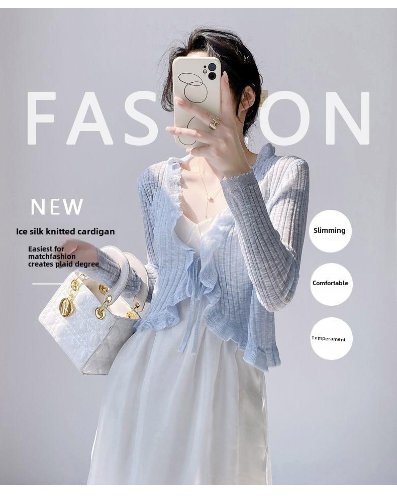 Product Introduction of Áo Cardigan Dệt Kim, Chống Nắng, Áo Cánh Che Kín Ngoài Mỏng Cho Nữ, Khăn Choàng Mùa Hè, Áo Khoác Vai Nhỏ Bằng Lụa Lạnh 1