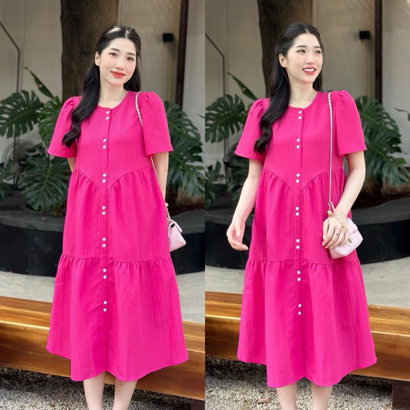 Váy babydoll, Đầm váy bầu Babydoll ba tầng gài cúc from rộng chất Đũi gân Nữ Women Voan Voi Dress 2
