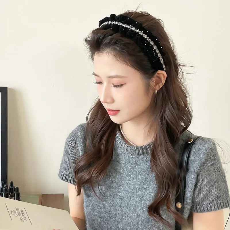 Băng Đô Satin Màu Đen Xếp Nhún Thanh Lịch, Vòng Cài Tóc Rộng Công Chúa, 1 Cái 6
