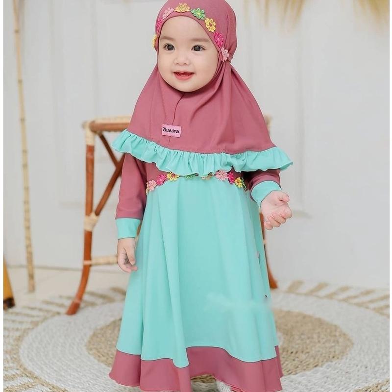 Gamis Muslim Anak Set Syari Daisy Kids 2-3 tahun bayi bunga Nyaman Baju Dress Setelan 2