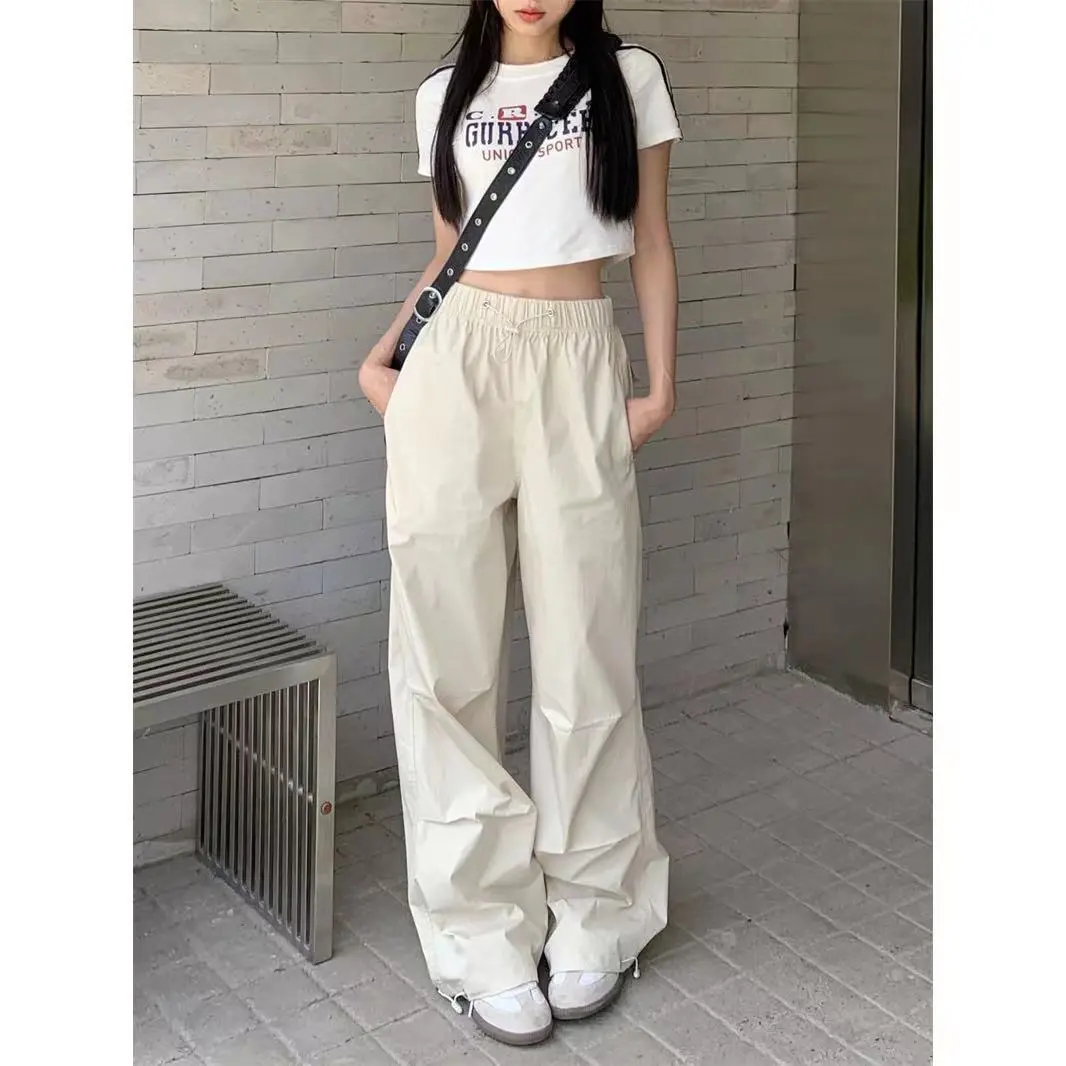 2024 Summer New High Waist Ankle-Tied Parachute Workwear Casual Pants Women's Loose Wide Leg Thin American Hiphop White Pants
