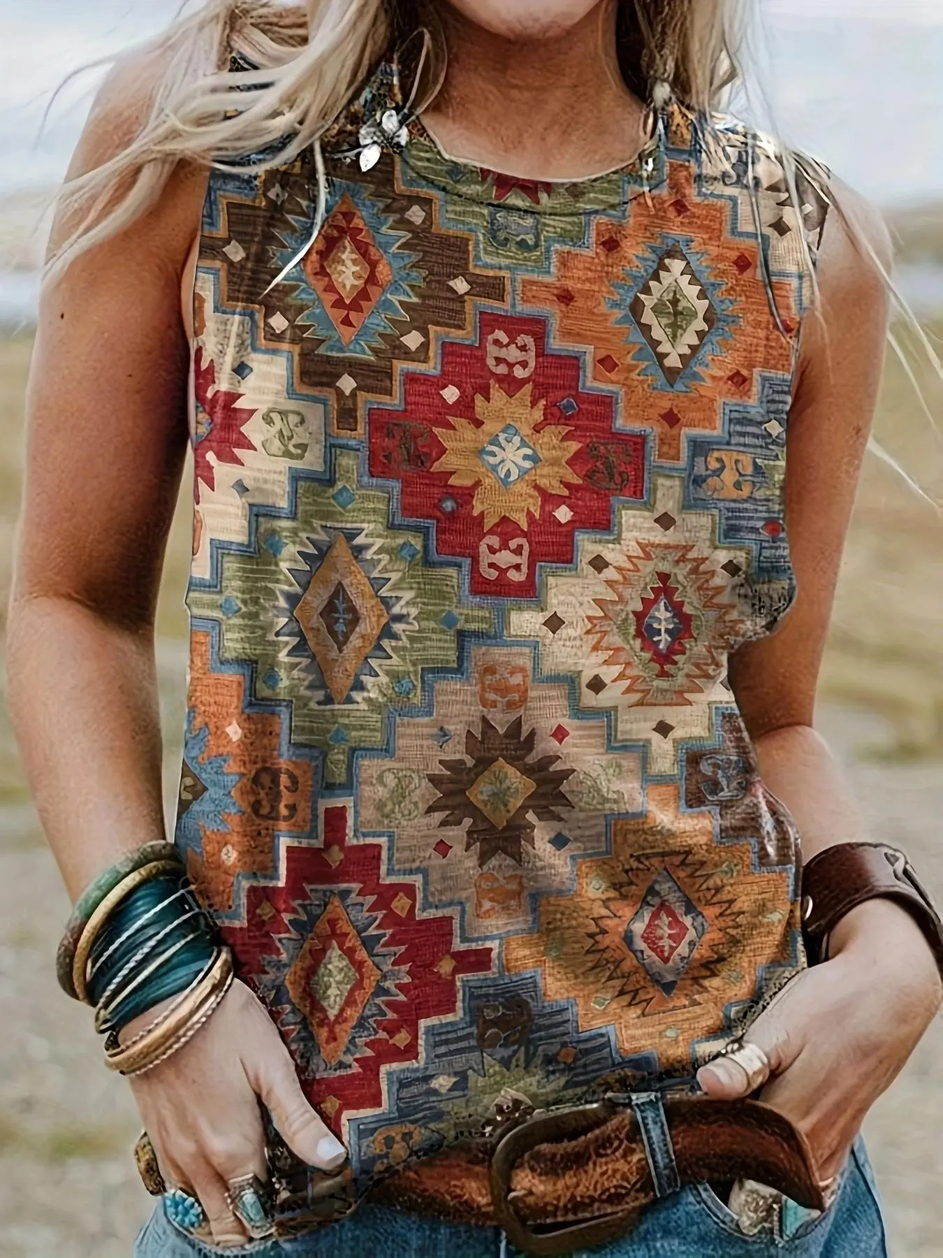 Women's Ethnic Pattern Round Neck Tank Top, Casual Boho Sleeveless Top for Summer, Ladies Clothes for Daily Wear