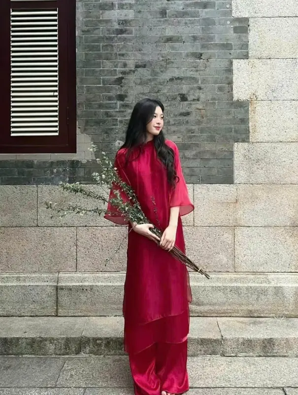 Áo dài cách tân tơ 4 tà màu đỏ nổi bật sang trọng trẻ trung - ÁO DÀI KIM THẮM Nữ Women Kem Dress 0