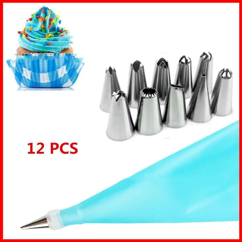 ID HOME 12 PCS Set Silicone Cream Reusable Pastry Bag+10 Nozzle Set Alat Dekorasi Kue 0