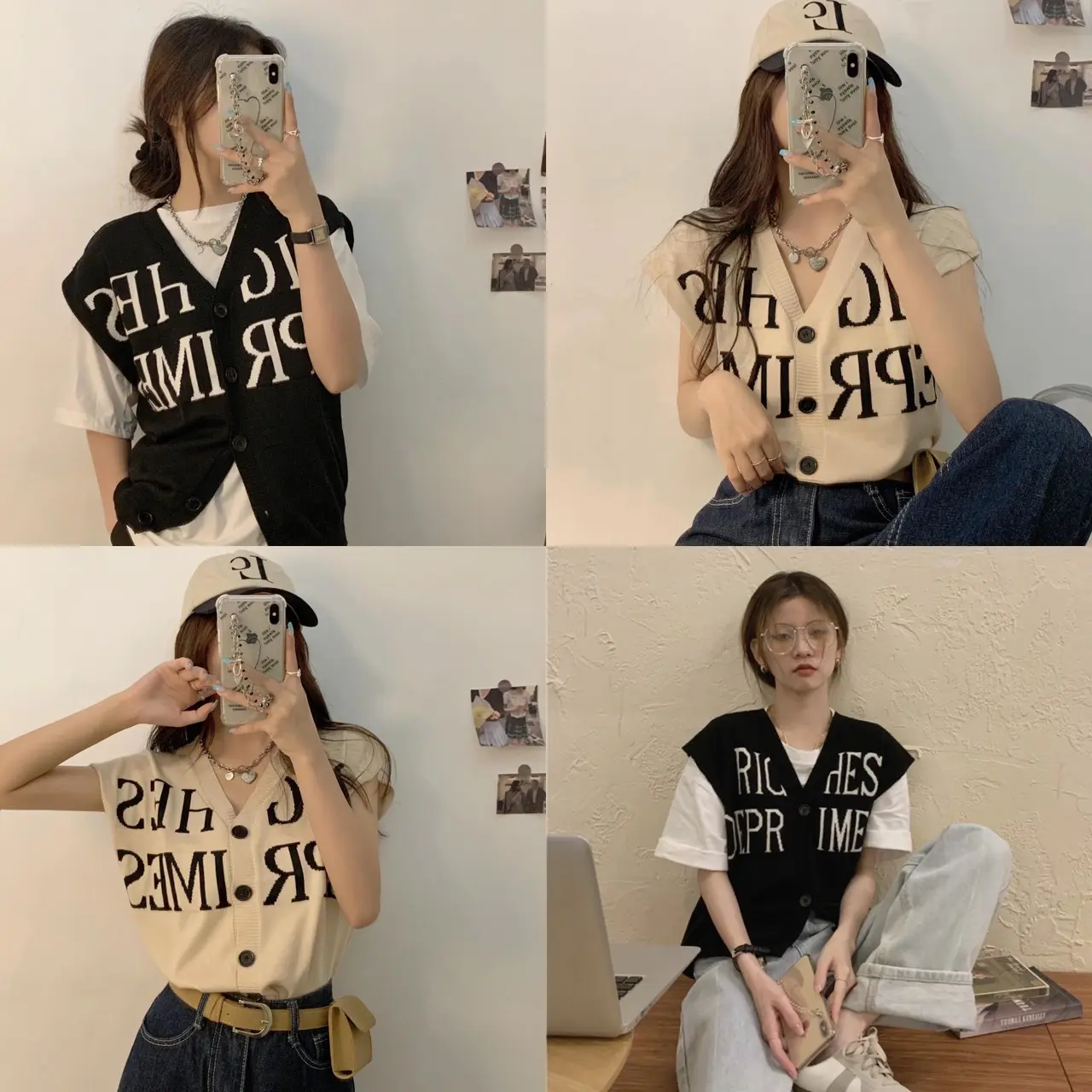 Vogue1 ~พร้อมส่ง~ "94112"เสื้อกั๊ก​ไหมพรมคอวีกระดุมหน้าเปิดได้ ลายตังอักษร​ผ้านิ่มใส่สบาย -C