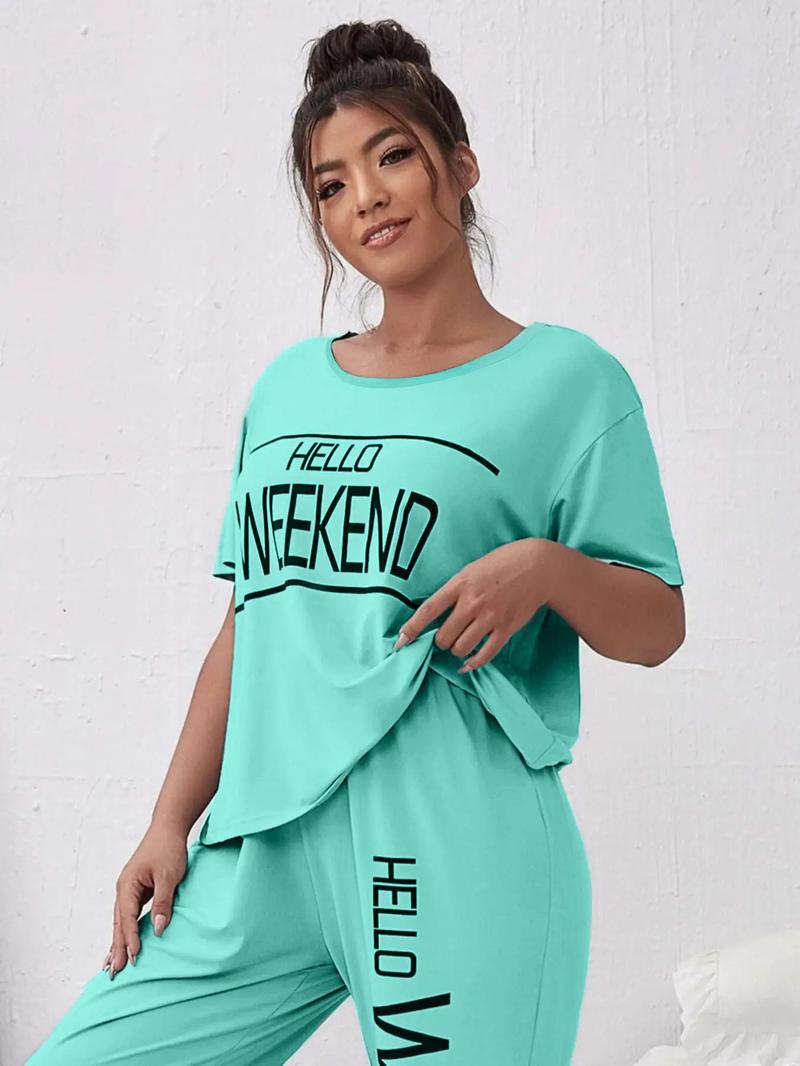 Product Introduction of Plus Size Letter Print Tee & Pants Pyjama, Casual Comfy Round Neck Short Sleeve T-shirt & Trousers PJ Set, Women's Sleepwear for All Seasons 5