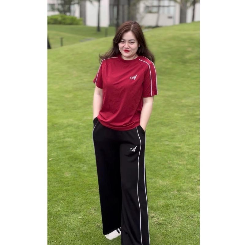 #356 BIGGSIZE Set bộ thể thao nữ áo+quần áo thun form vừa phối viền thêu chữ a mix cùng quần suông umi 2 sọc