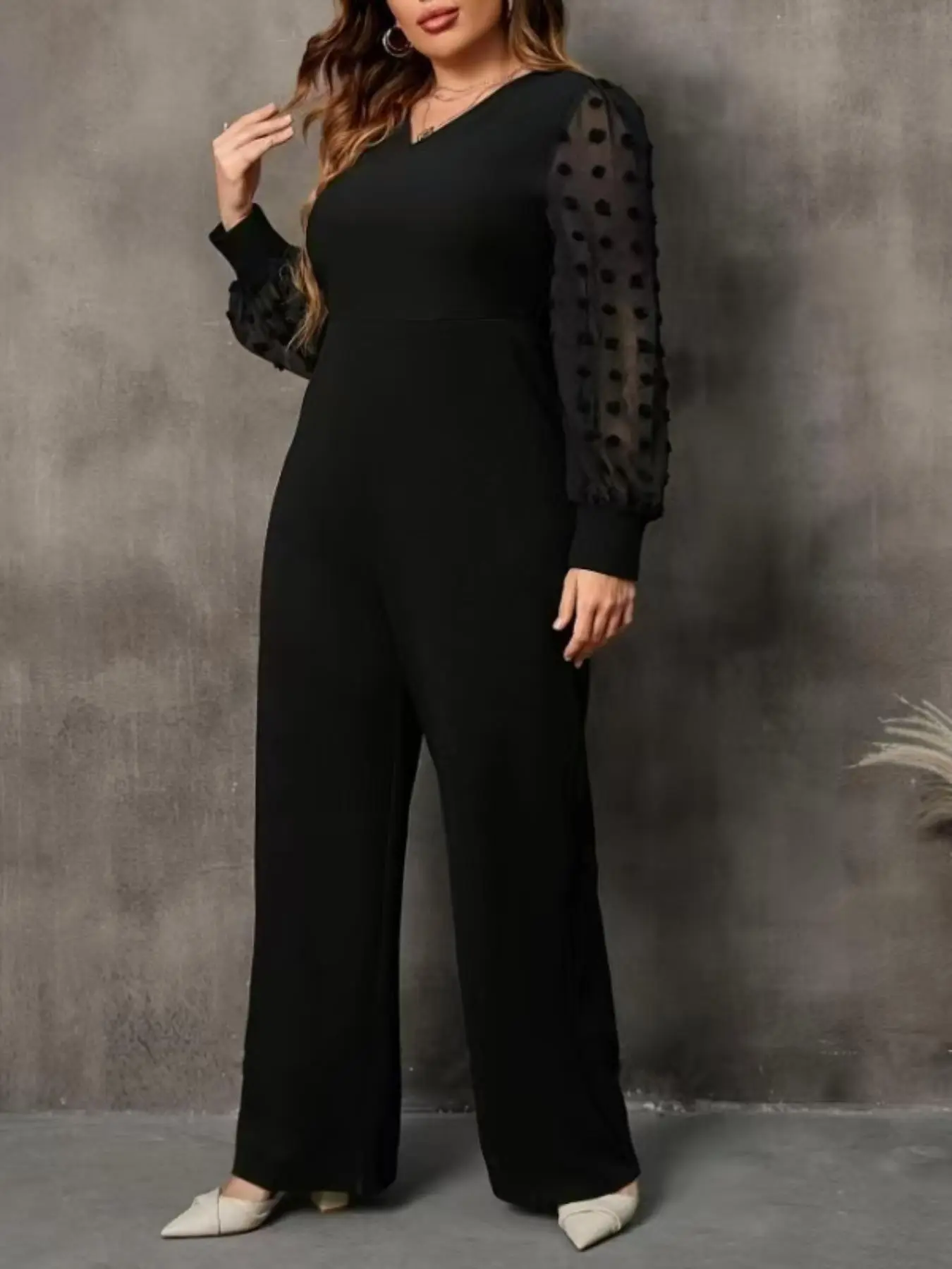 【Plus Size】 Contrast Mesh Sheer Bishop Sleeve Jumpsuit, Casual Long Sleeve V Neck Jumpsuit for Spring & Fall, Women's Clothes for Daily Wear