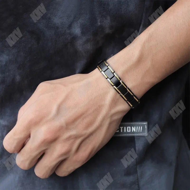 COD - Aksesoris Fashion Pria Gelang Kesehatan Pria Bahan Titanium Magnetic Bio Magnetik Anti-Letih Black Gold 2