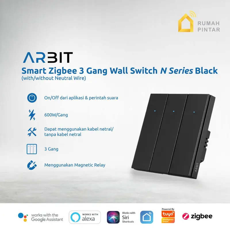 ARBIT Zigbee Wall Switch N Series 1 2 3 Gang Saklar Pintar Smart Home Black Tuya 2